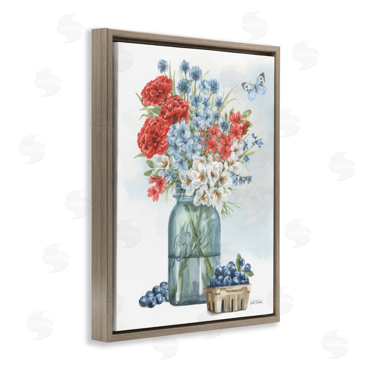 Country Blossoms & Blueberries Brown Floating Frame Canvas Wall Art, Home Decor by Leslie Trimbach
