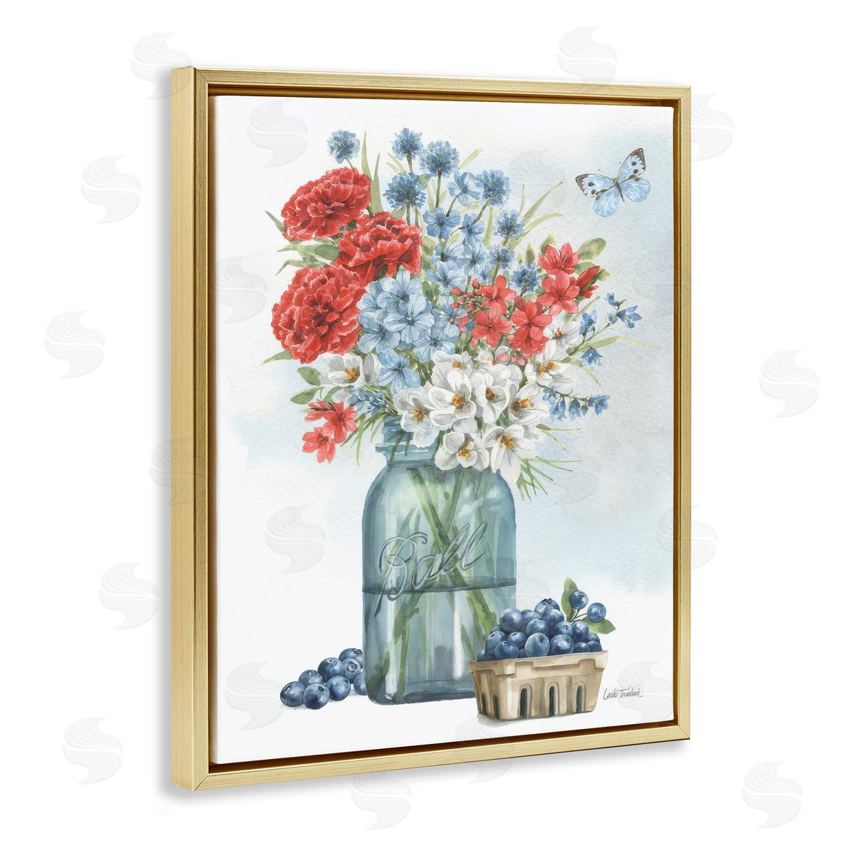 Country Blossoms & Blueberries Gold Floating Frame Canvas Wall Art, Home Decor by Leslie Trimbach