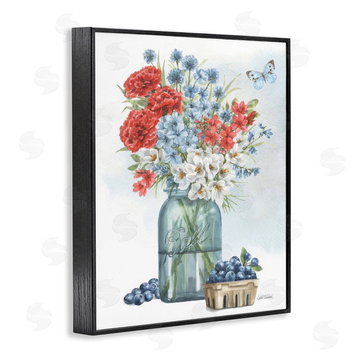 Country Blossoms & Blueberries Black Frame Print Wall Art, Home Decor by Leslie Trimbach