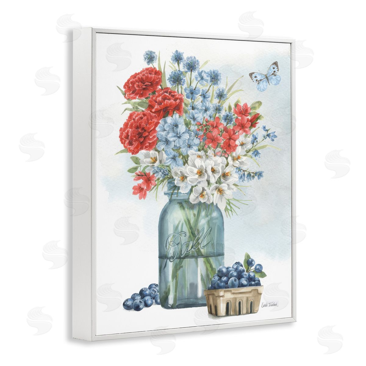 Country Blossoms & Blueberries White Frame Print Wall Art, Home Decor by Leslie Trimbach