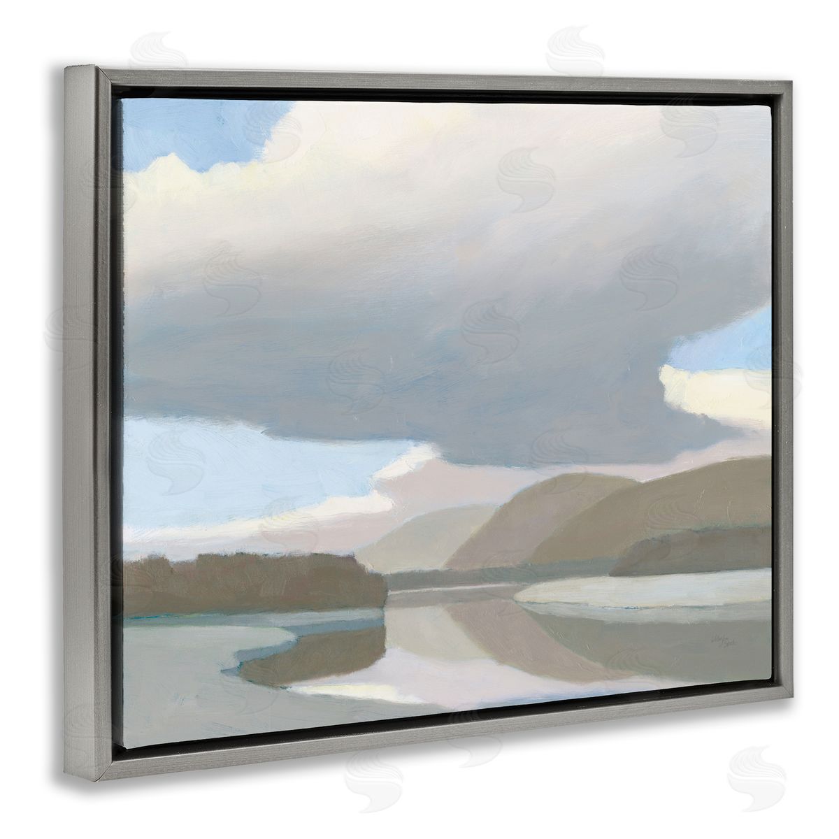 Mountain Reflections Abstraction Grey Floating Frame Canvas Wall Art, Home Decor by Wellington Studio