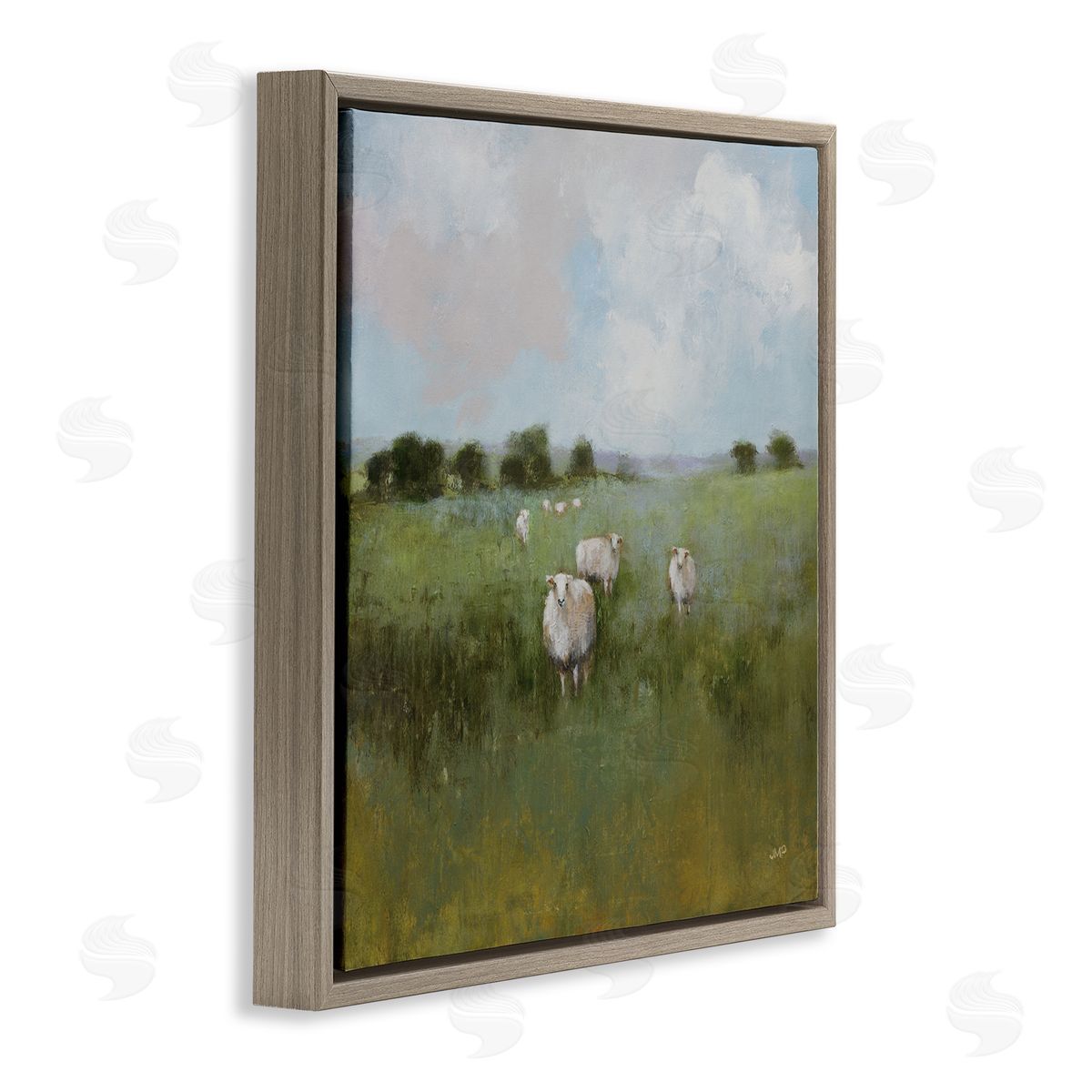 Quiet Pasture with Sheep Brown Floating Frame Canvas Wall Art, Home Decor by Julia Purinton