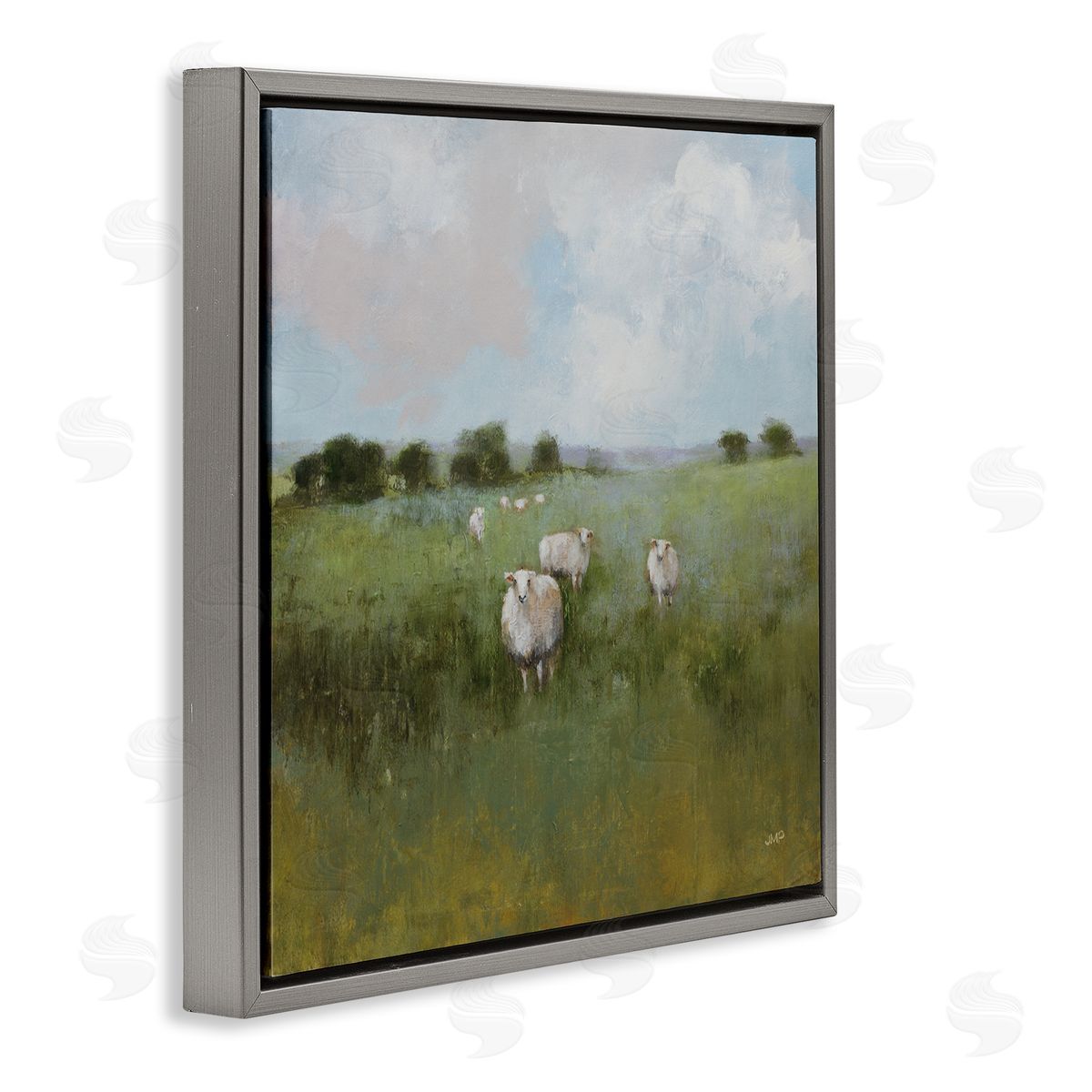 Quiet Pasture with Sheep Grey Floating Frame Canvas Wall Art, Home Decor by Julia Purinton