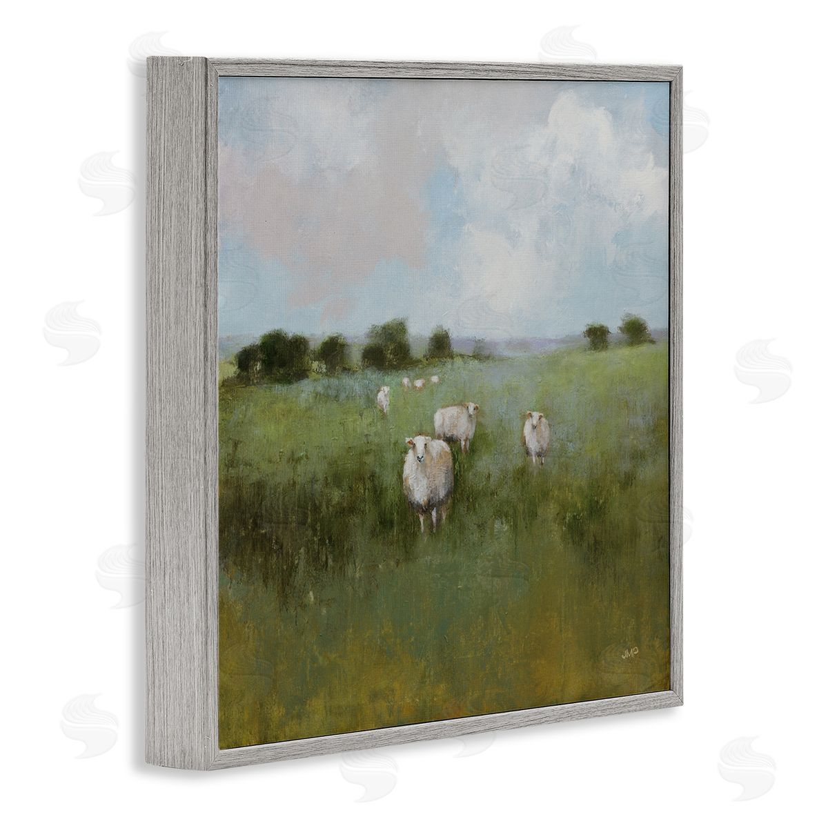 Quiet Pasture with Sheep Grey Frame Print Wall Art, Home Decor by Julia Purinton