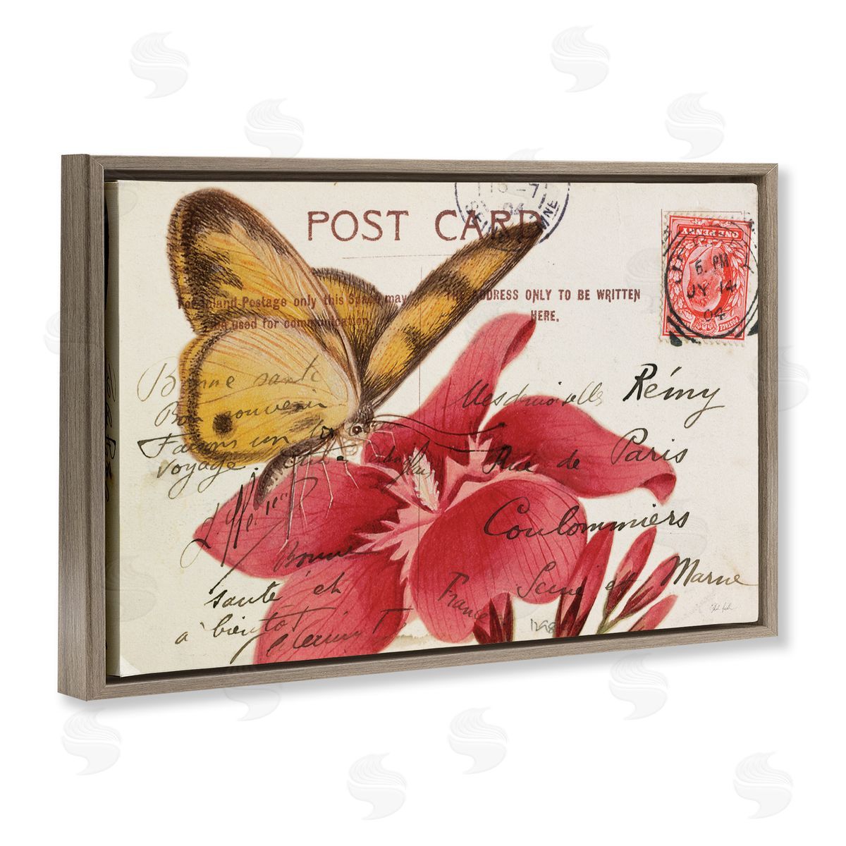 Antique Postcard & Butterfly Brown Floating Frame Canvas Wall Art, Home Decor by Deborah Revell