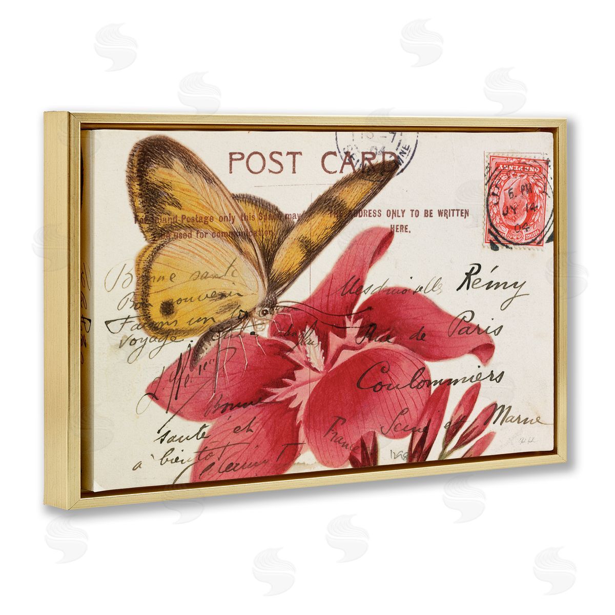 Antique Postcard & Butterfly Gold Floating Frame Canvas Wall Art, Home Decor by Deborah Revell