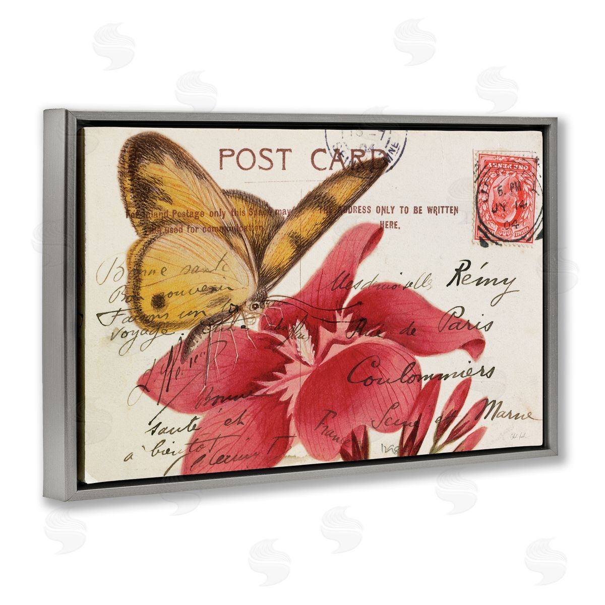 Antique Postcard & Butterfly Grey Floating Frame Canvas Wall Art, Home Decor by Deborah Revell