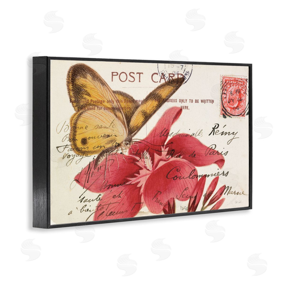 Antique Postcard & Butterfly Black Frame Print Wall Art, Home Decor by Deborah Revell