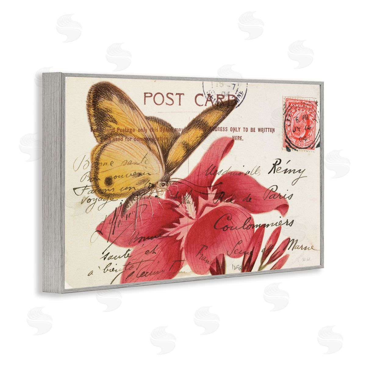 Antique Postcard & Butterfly Grey Frame Print Wall Art, Home Decor by Deborah Revell