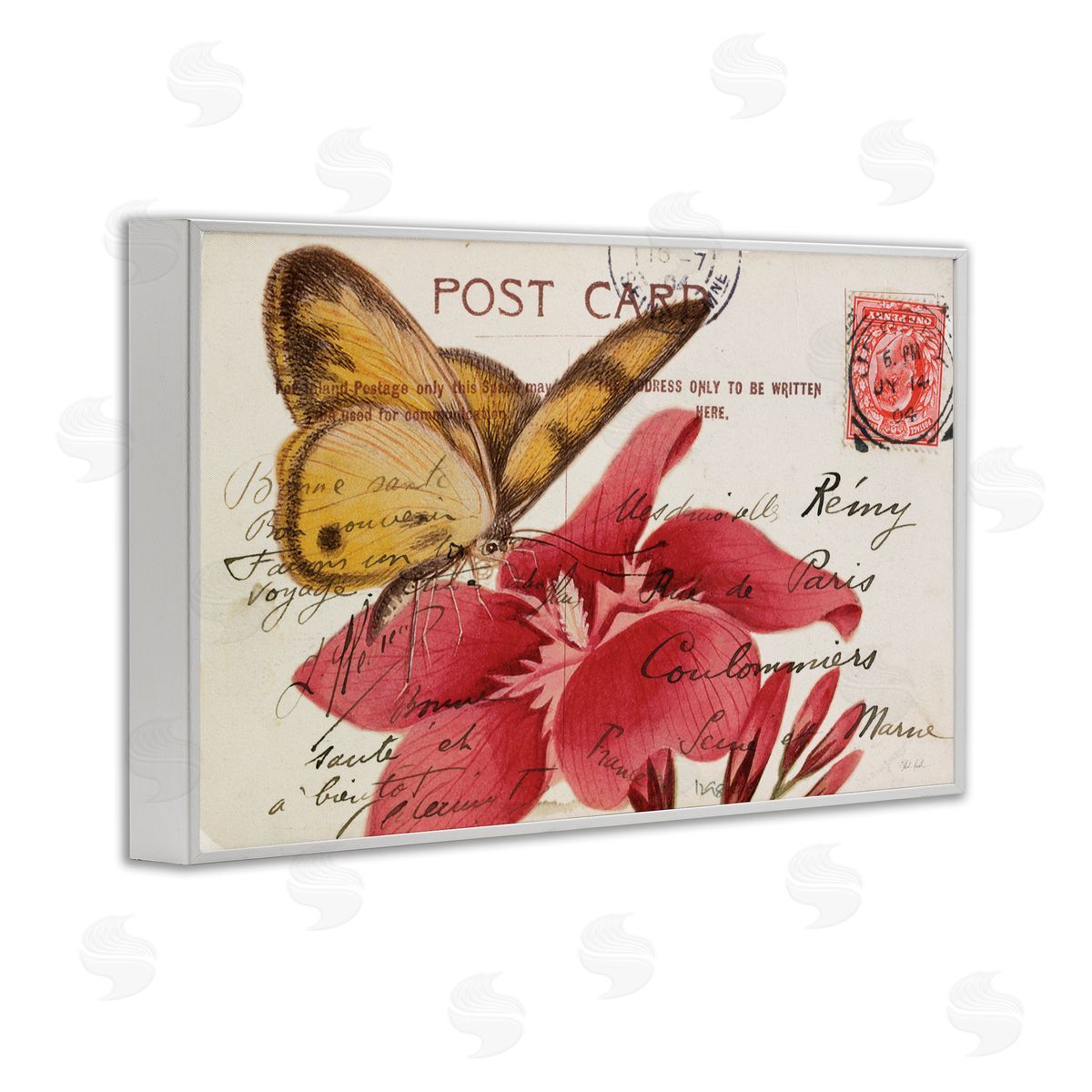 Antique Postcard & Butterfly White Frame Print Wall Art, Home Decor by Deborah Revell