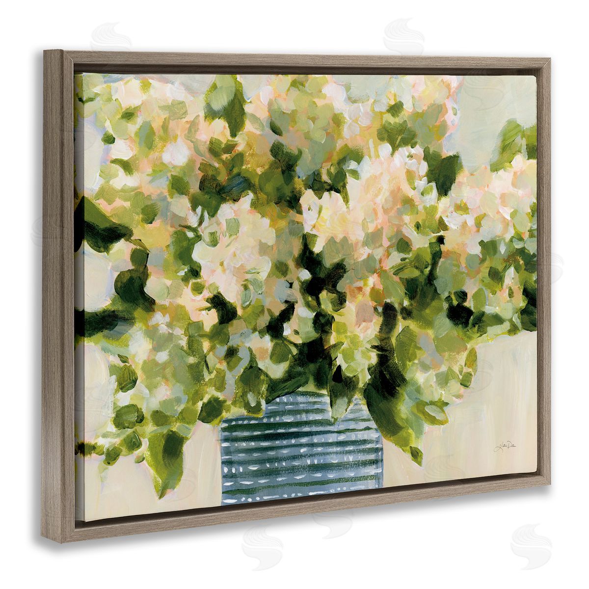 Dotted Hydrangeas Vase Brown Floating Frame Canvas Wall Art, Home Decor by Katrina Pete