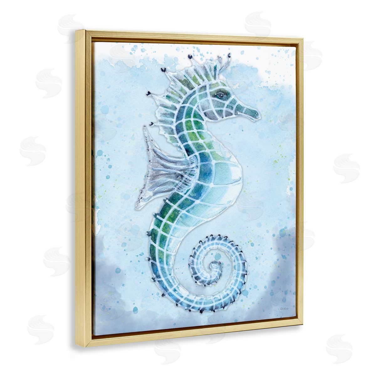 Patti Bishop Stained Glass Seahorse Gold Floating Frame Canvas Wall Art Print