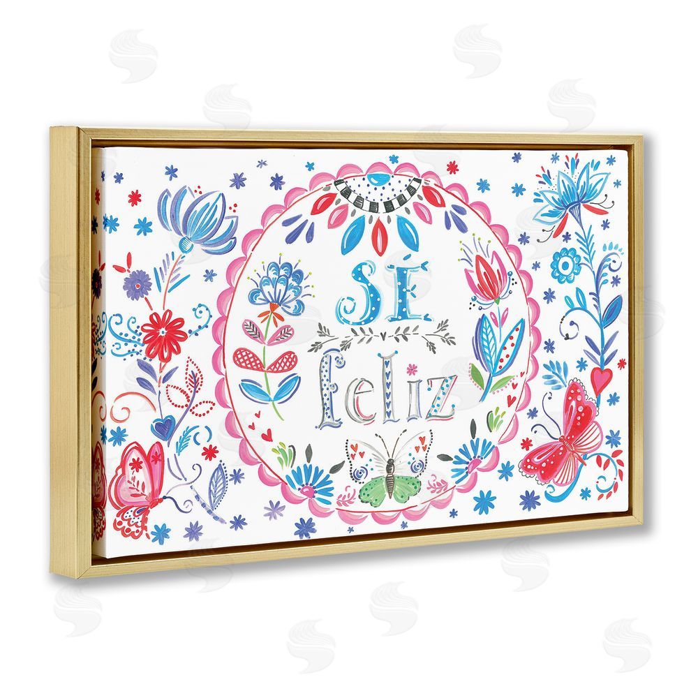 SD Graphics Studio Se Felices Mariposas Florales Gold Floating Frame Canvas Wall Art Print in Room