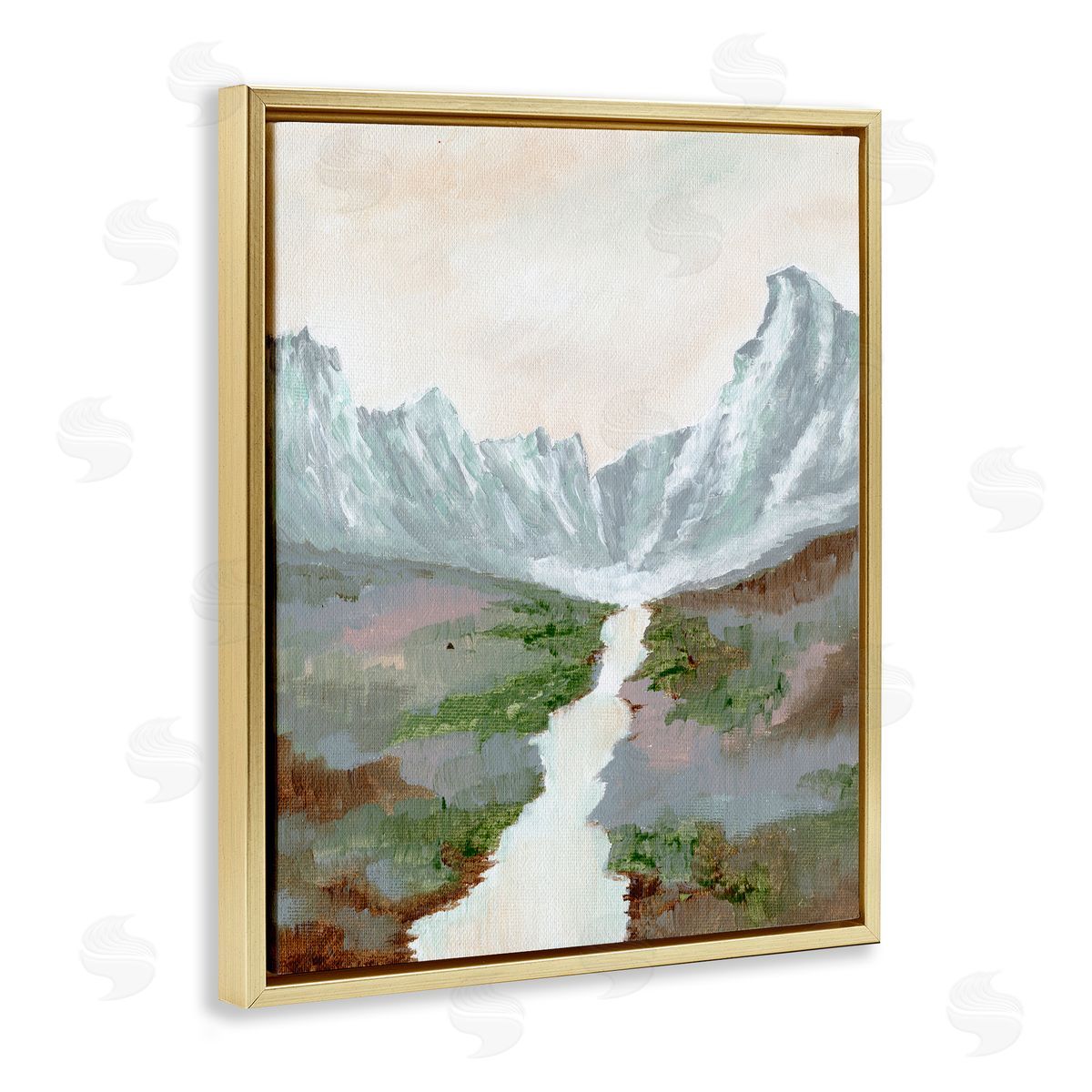 Scenic Valley River Gold Floating Frame Canvas Wall Art, Home Decor by Nikita Jariwala