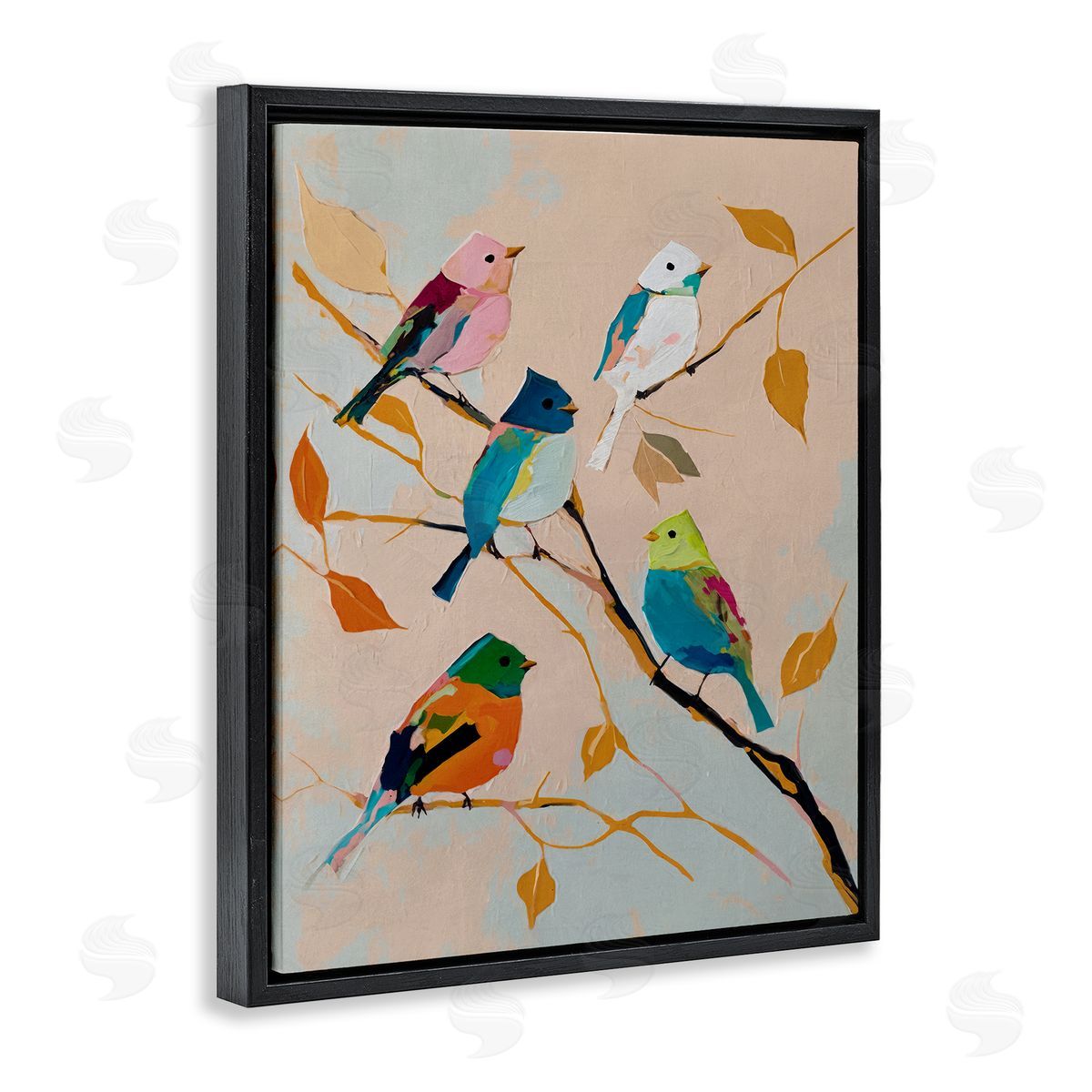 Parakeets on Fall Branch Black Floating Frame Canvas Wall Art, Home Decor by Svetlana Aleynikova