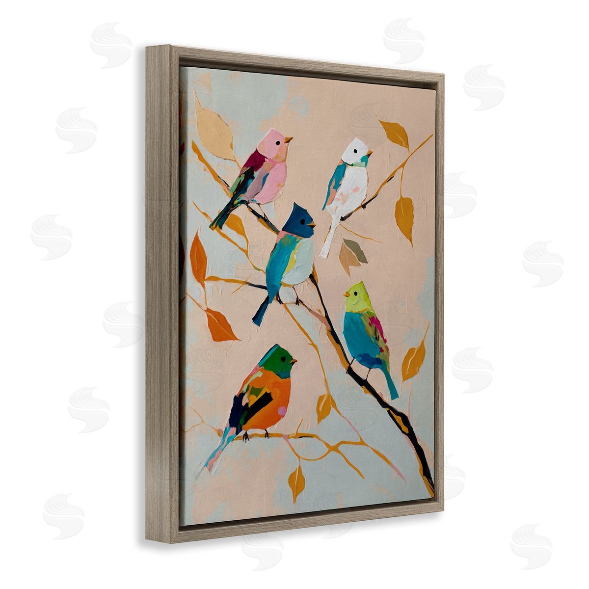 Parakeets on Fall Branch Brown Floating Frame Canvas Wall Art, Home Decor by Svetlana Aleynikova