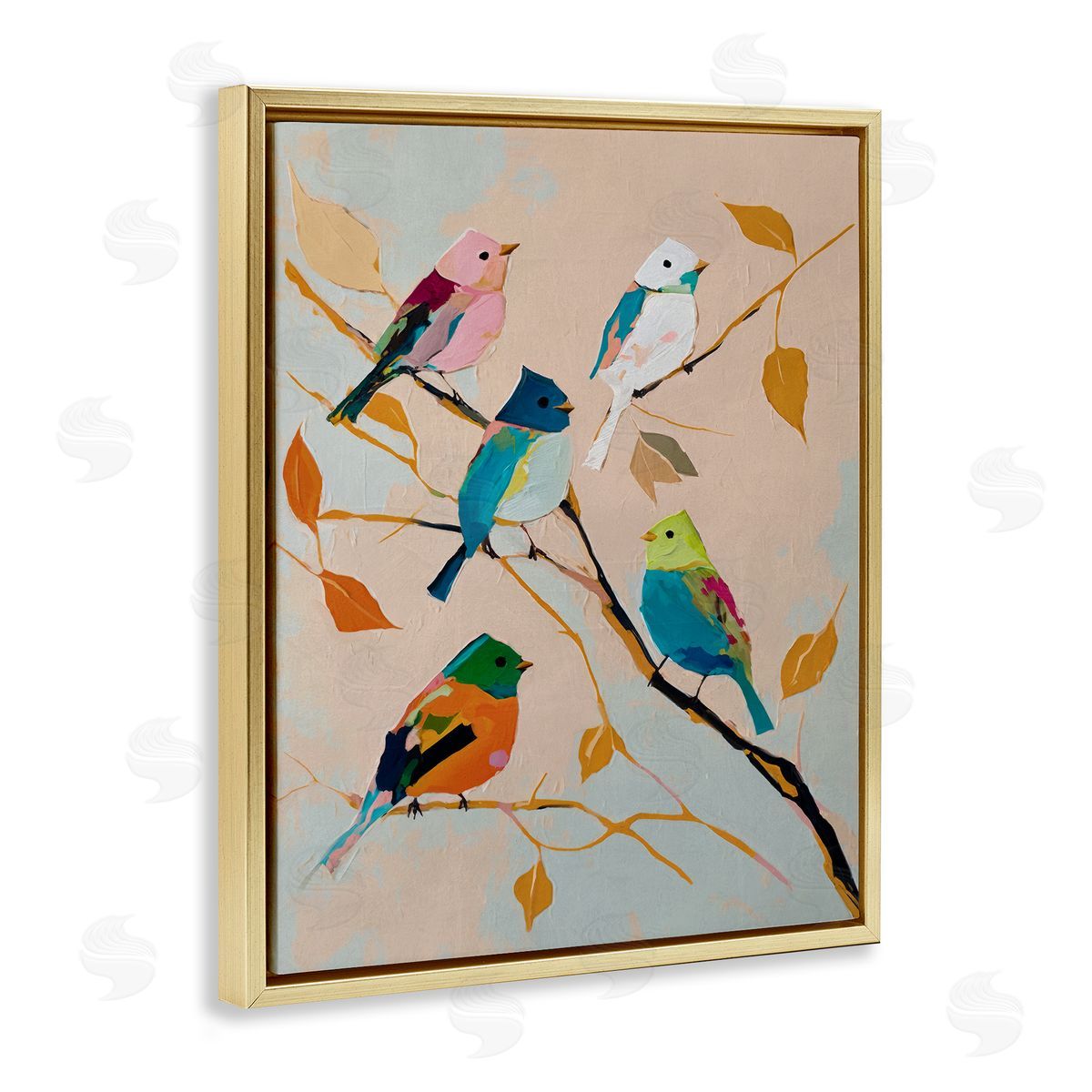 Parakeets on Fall Branch Gold Floating Frame Canvas Wall Art, Home Decor by Svetlana Aleynikova
