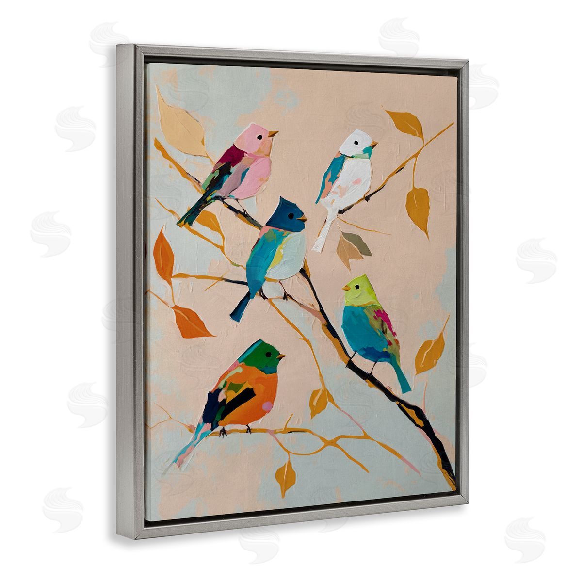 Parakeets on Fall Branch Grey Floating Frame Canvas Wall Art, Home Decor by Svetlana Aleynikova