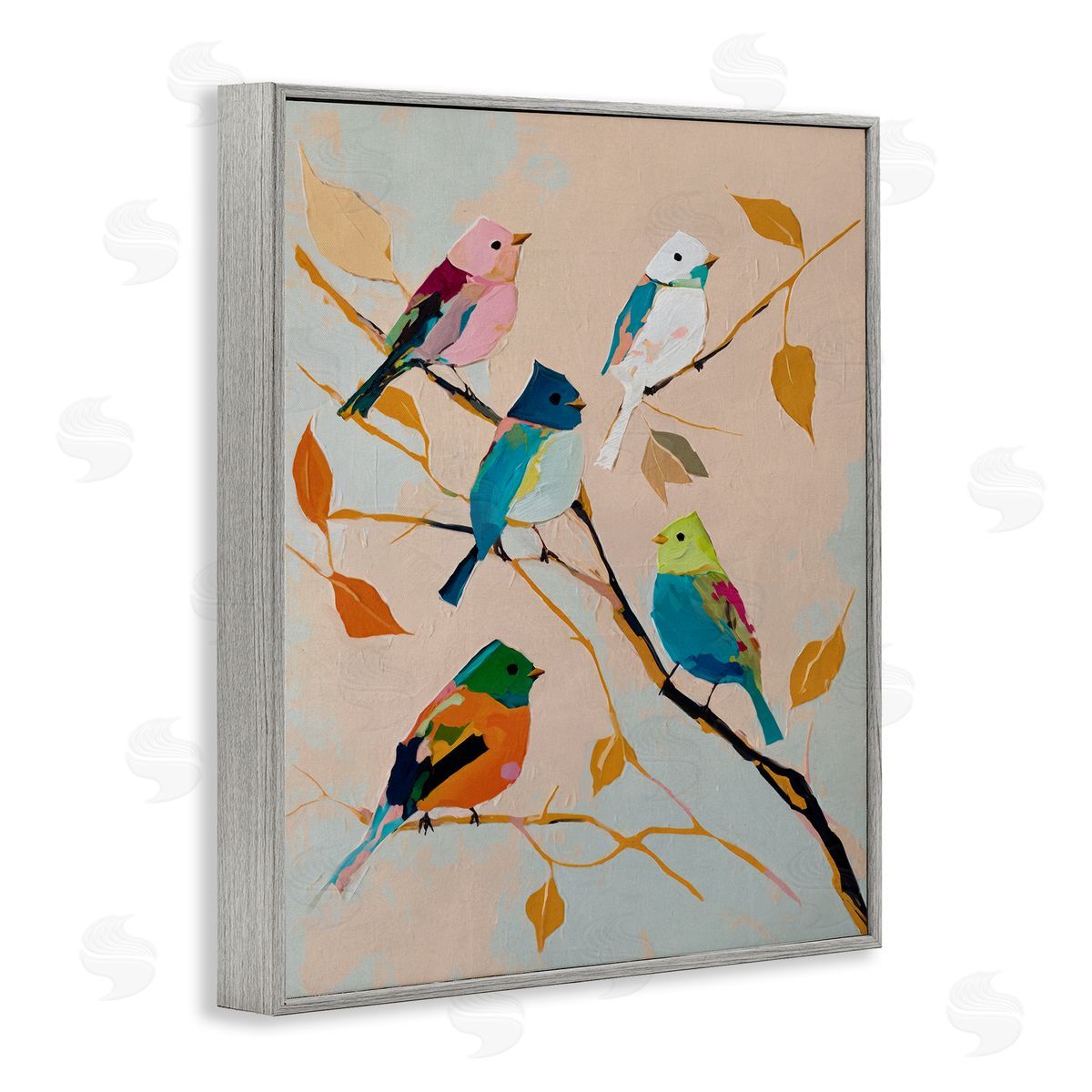 Parakeets on Fall Branch Grey Frame Print Wall Art, Home Decor by Svetlana Aleynikova