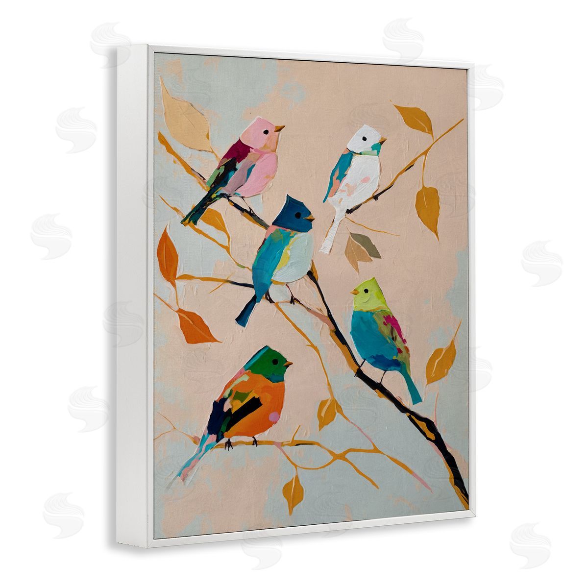 Parakeets on Fall Branch White Frame Print Wall Art, Home Decor by Svetlana Aleynikova