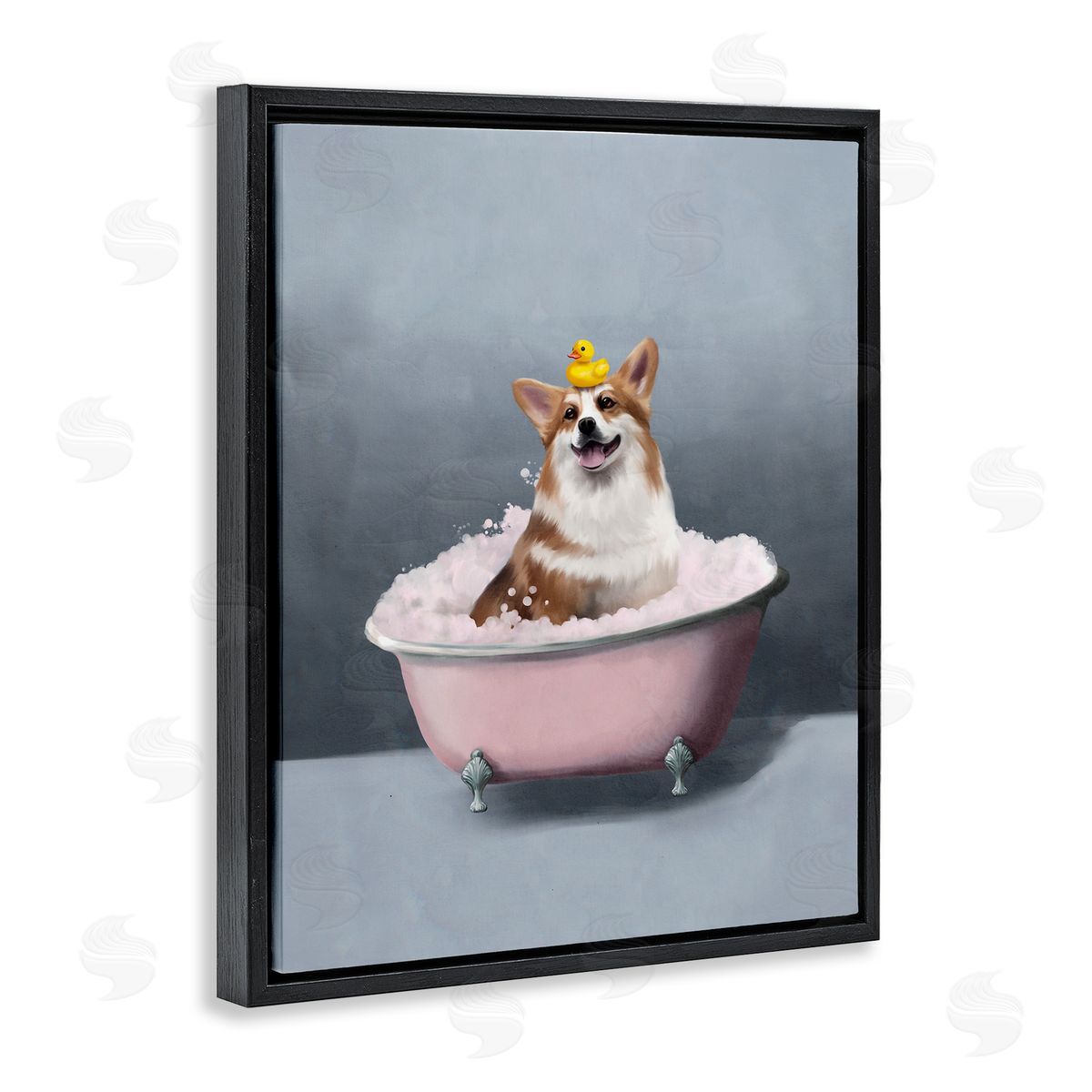 Corgi in Pink Bath Black Floating Frame Canvas Wall Art, Home Decor by Svetlana Aleynikova