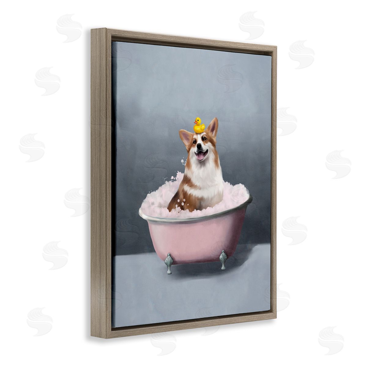 Corgi in Pink Bath Brown Floating Frame Canvas Wall Art, Home Decor by Svetlana Aleynikova