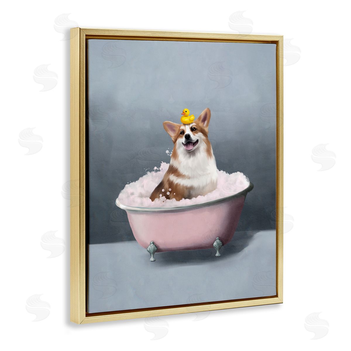 Corgi in Pink Bath Gold Floating Frame Canvas Wall Art, Home Decor by Svetlana Aleynikova