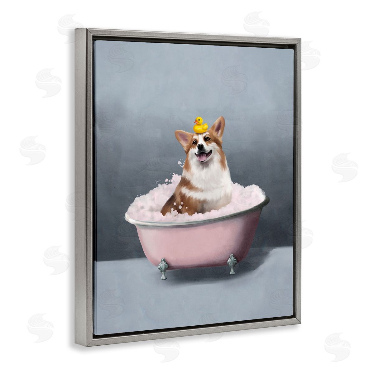 Corgi in Pink Bath Grey Floating Frame Canvas Wall Art, Home Decor by Svetlana Aleynikova