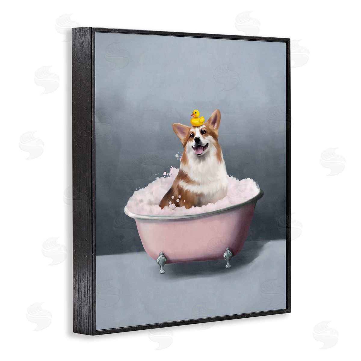 Corgi in Pink Bath Black Frame Print Wall Art, Home Decor by Svetlana Aleynikova