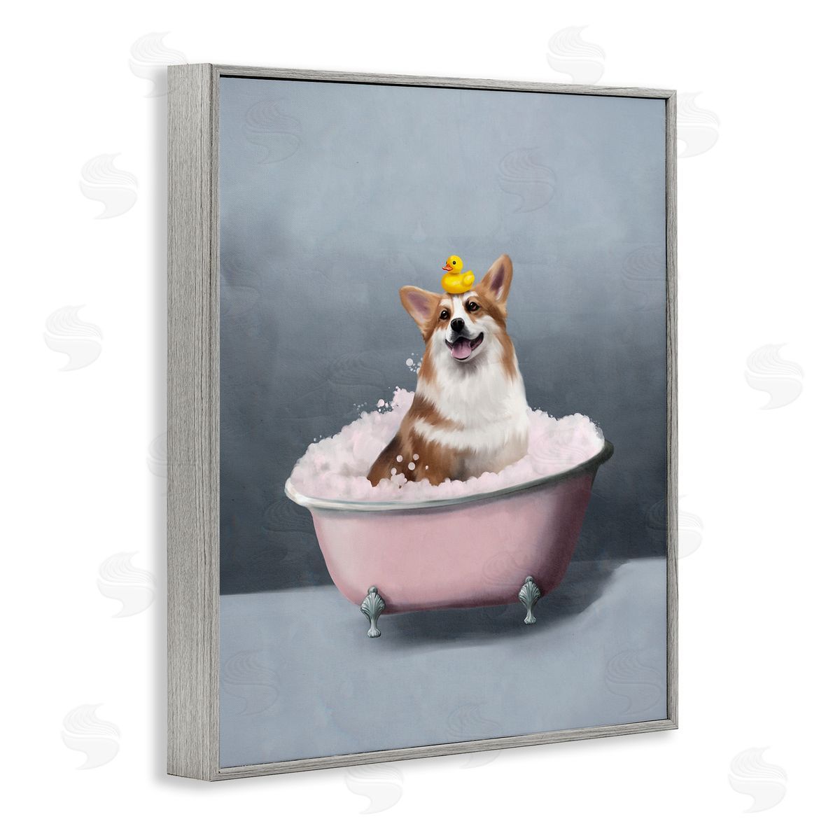 Corgi in Pink Bath Grey Frame Print Wall Art, Home Decor by Svetlana Aleynikova