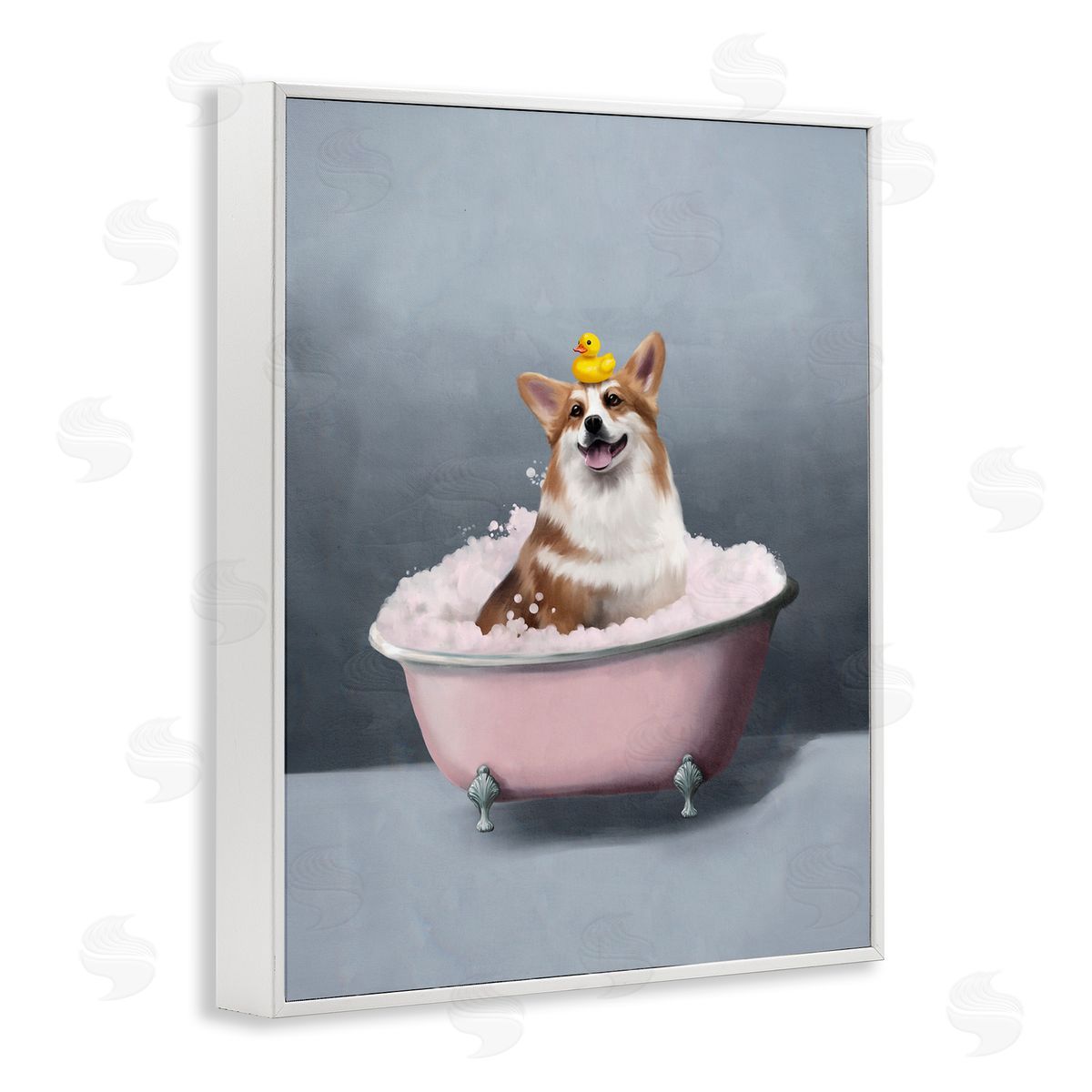 Corgi in Pink Bath White Frame Print Wall Art, Home Decor by Svetlana Aleynikova