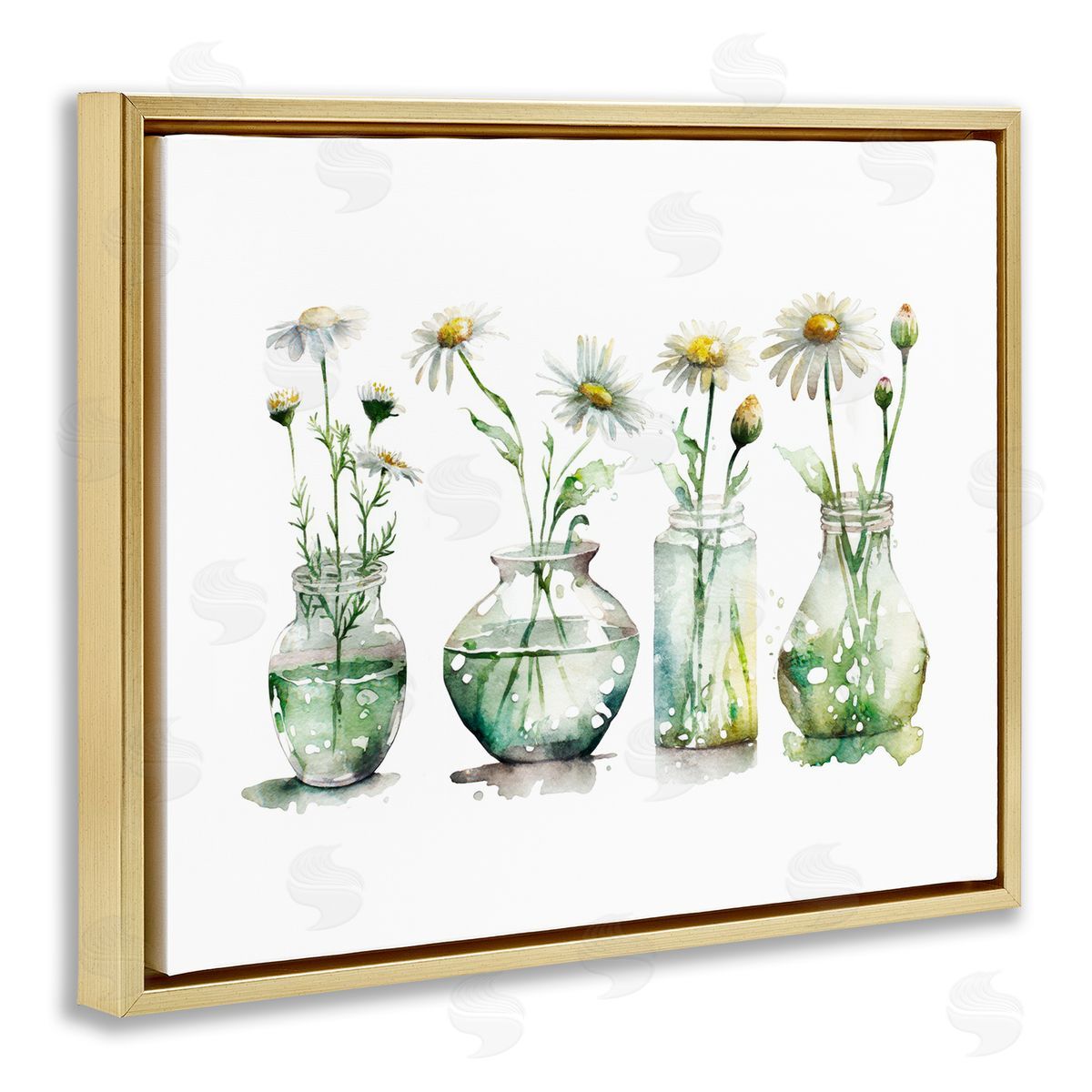 Glass Vases Daisies Gold Floating Frame Canvas Wall Art, Home Decor by Svetlana Aleynikova