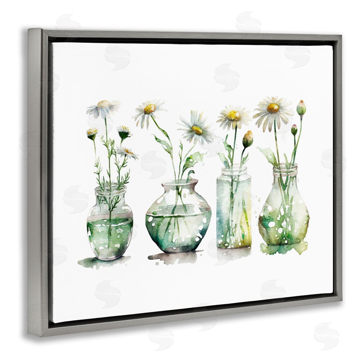Glass Vases Daisies Grey Floating Frame Canvas Wall Art, Home Decor by Svetlana Aleynikova
