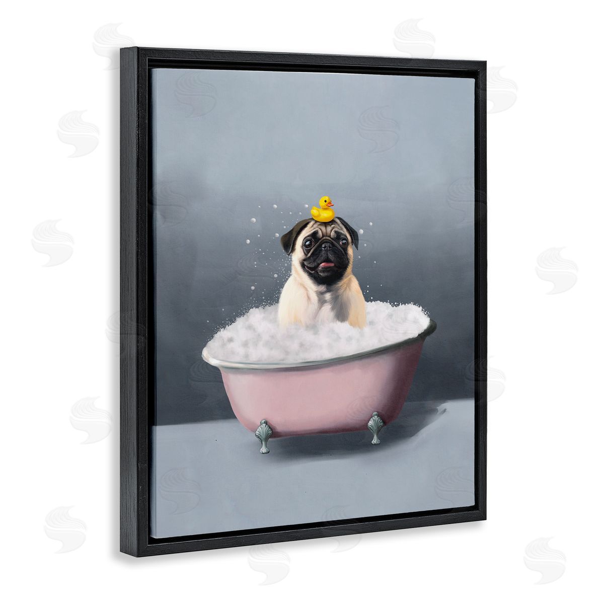 Bathing Pug with Rubber Duck Black Floating Frame Canvas Wall Art, Home Decor by Svetlana Aleynikova