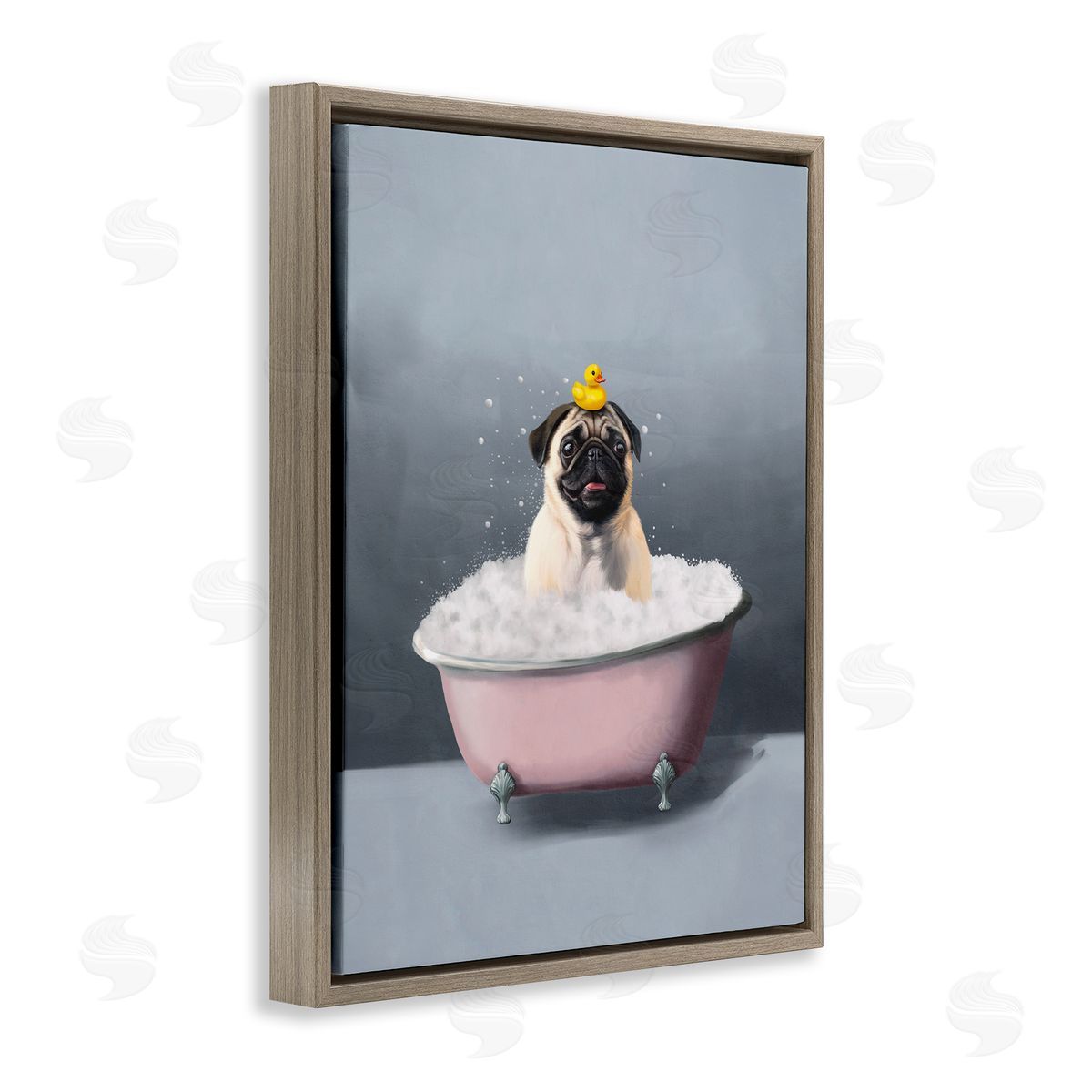 Bathing Pug with Rubber Duck Brown Floating Frame Canvas Wall Art, Home Decor by Svetlana Aleynikova