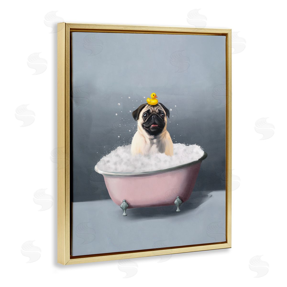 Bathing Pug with Rubber Duck Gold Floating Frame Canvas Wall Art, Home Decor by Svetlana Aleynikova
