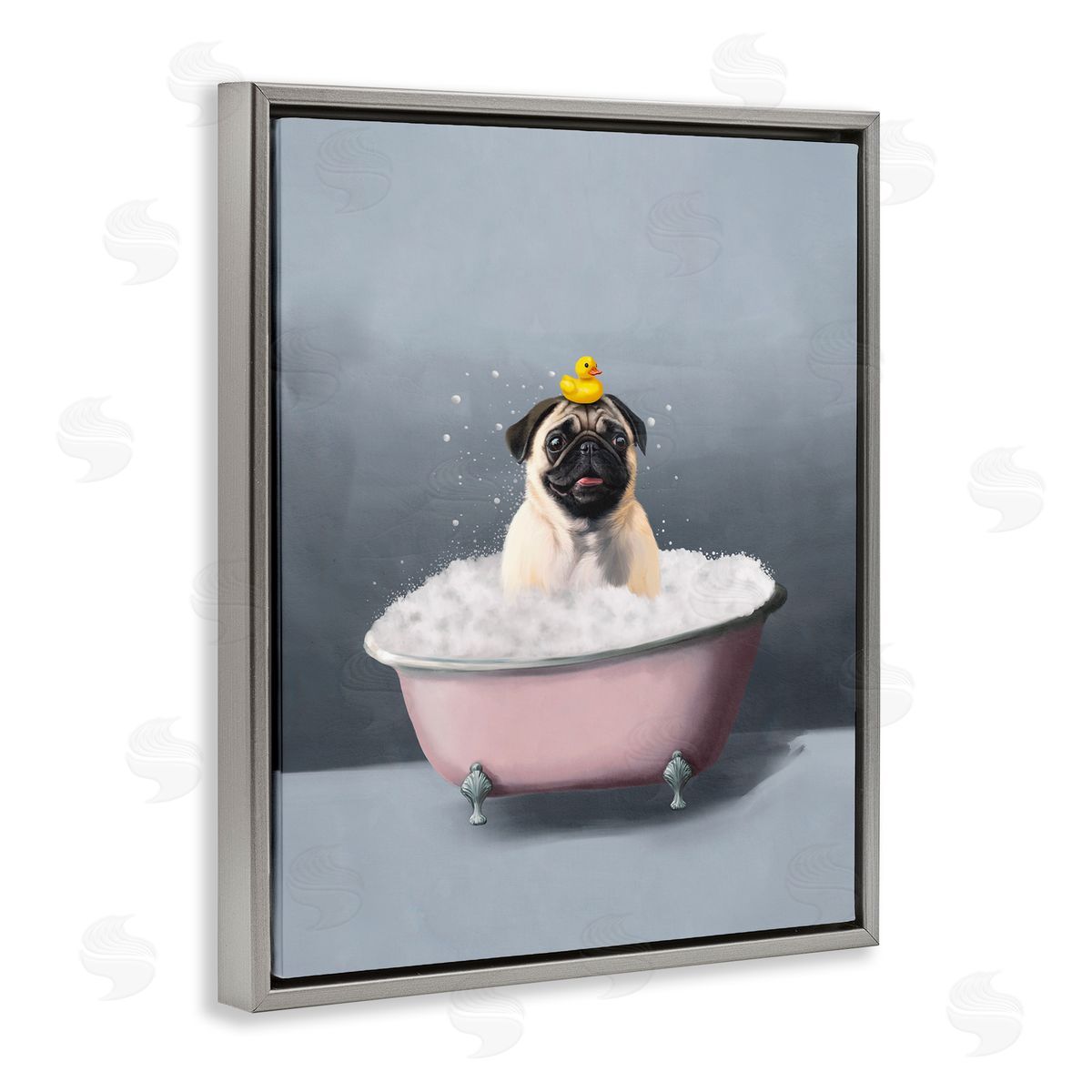 Bathing Pug with Rubber Duck Grey Floating Frame Canvas Wall Art, Home Decor by Svetlana Aleynikova