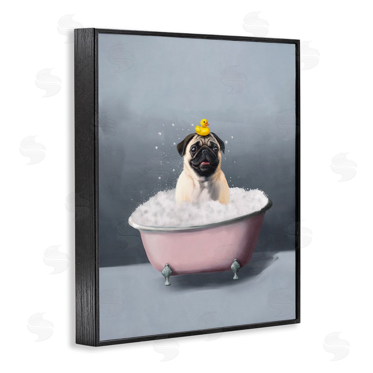 Bathing Pug with Rubber Duck Black Frame Print Wall Art, Home Decor by Svetlana Aleynikova