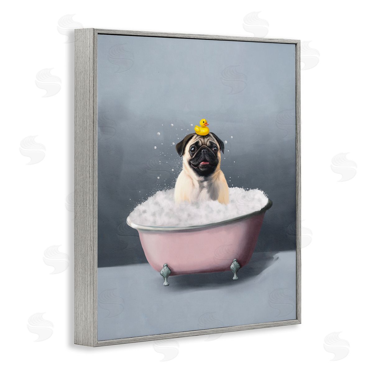 Bathing Pug with Rubber Duck Grey Frame Print Wall Art, Home Decor by Svetlana Aleynikova
