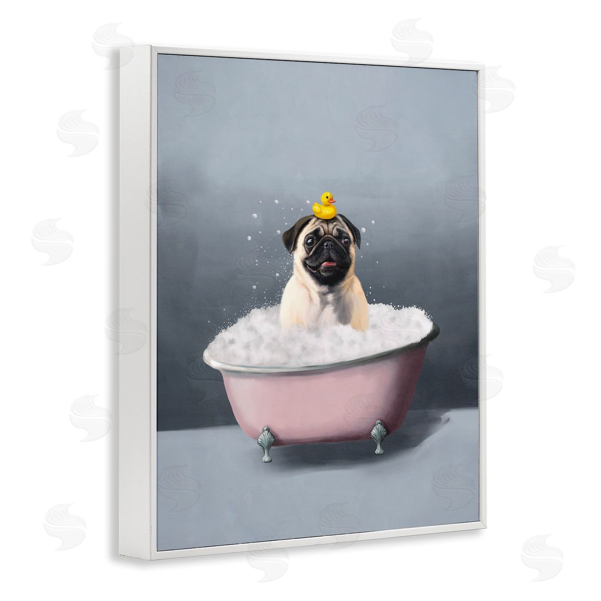Bathing Pug with Rubber Duck White Frame Print Wall Art, Home Decor by Svetlana Aleynikova