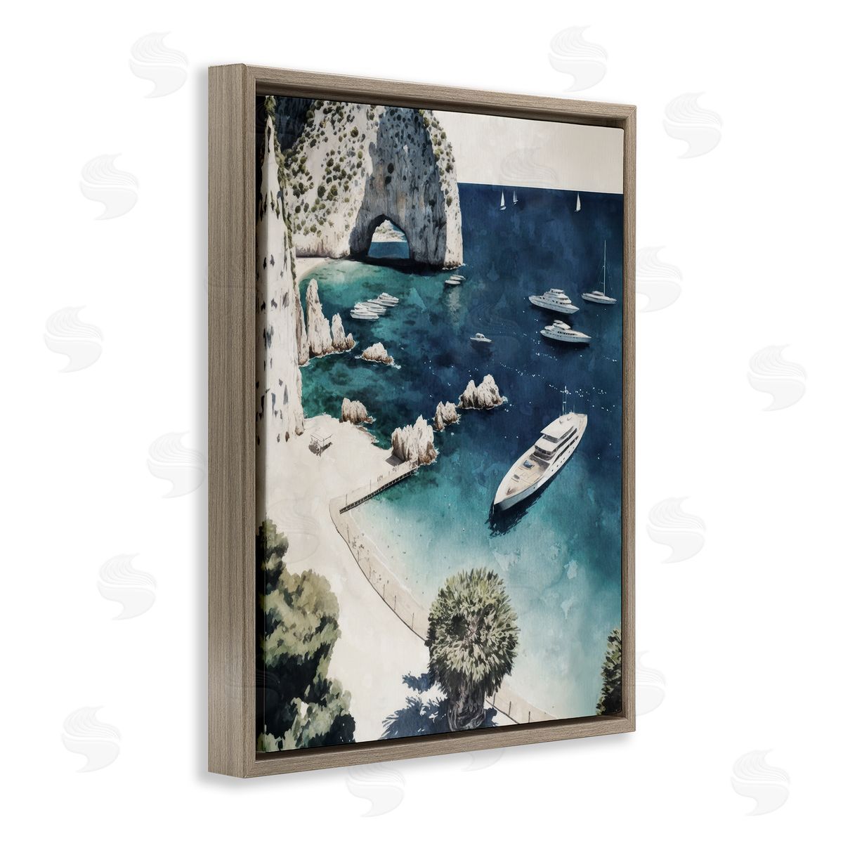 Rocky Coast Boats Brown Floating Frame Canvas Wall Art, Home Decor by Svetlana Aleynikova