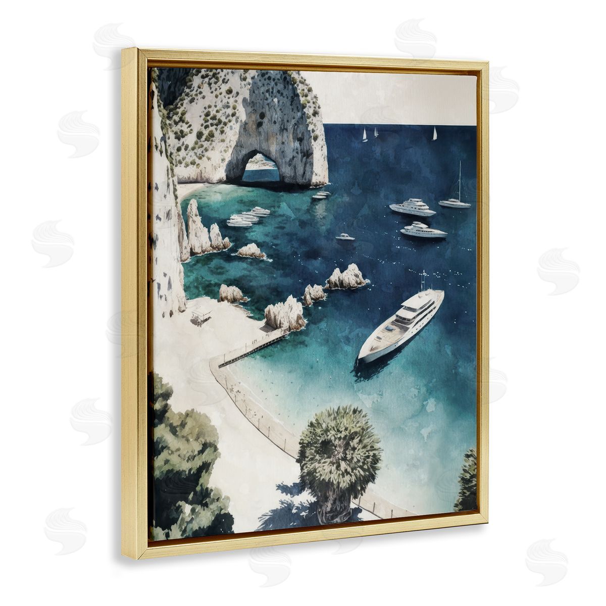 Rocky Coast Boats Gold Floating Frame Canvas Wall Art, Home Decor by Svetlana Aleynikova