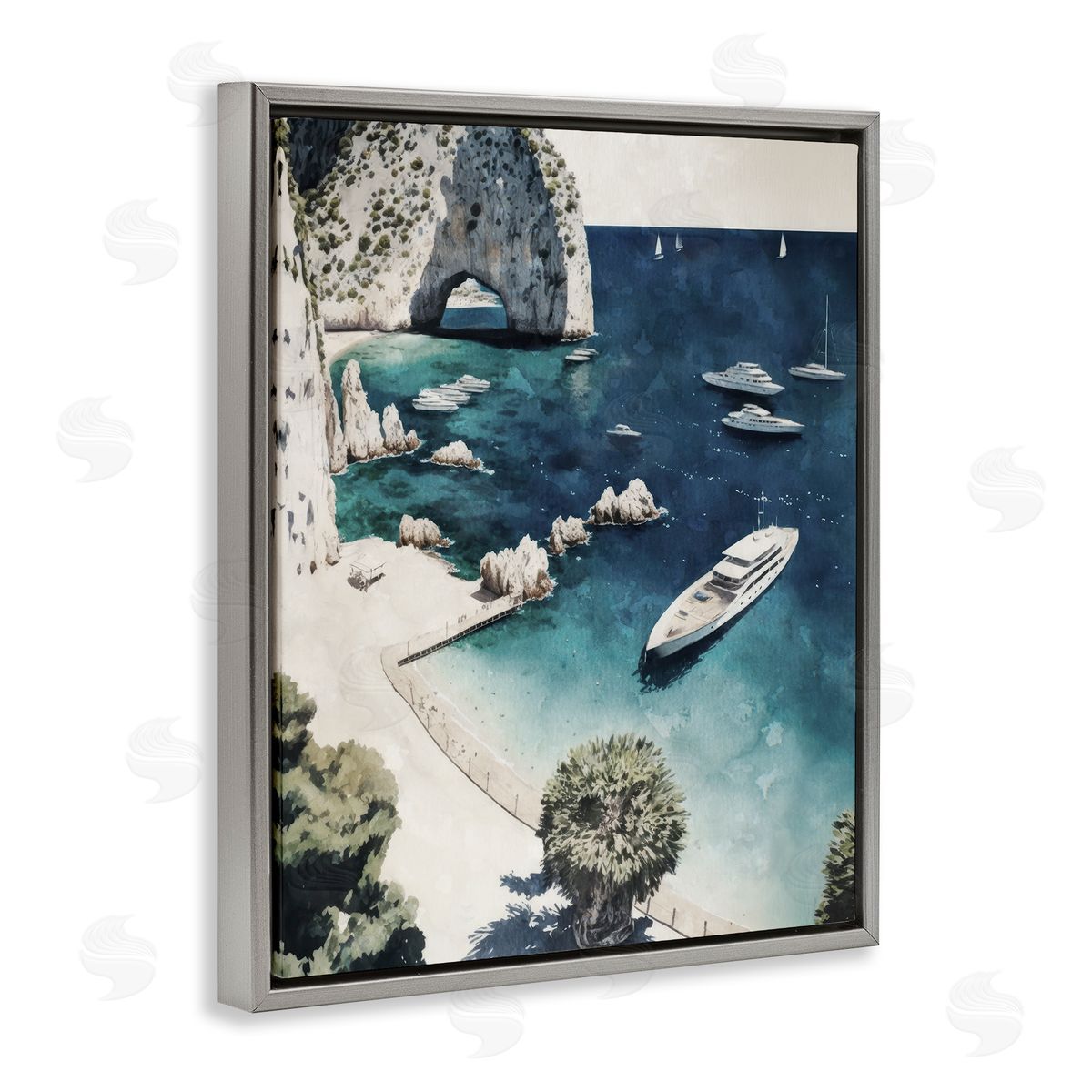 Rocky Coast Boats Grey Floating Frame Canvas Wall Art, Home Decor by Svetlana Aleynikova