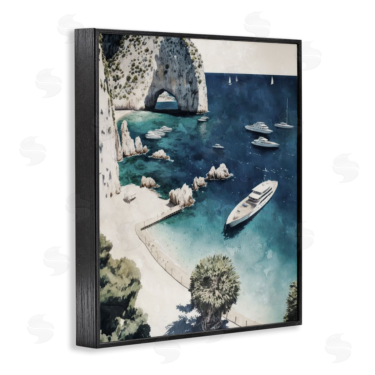Rocky Coast Boats Black Frame Print Wall Art, Home Decor by Svetlana Aleynikova