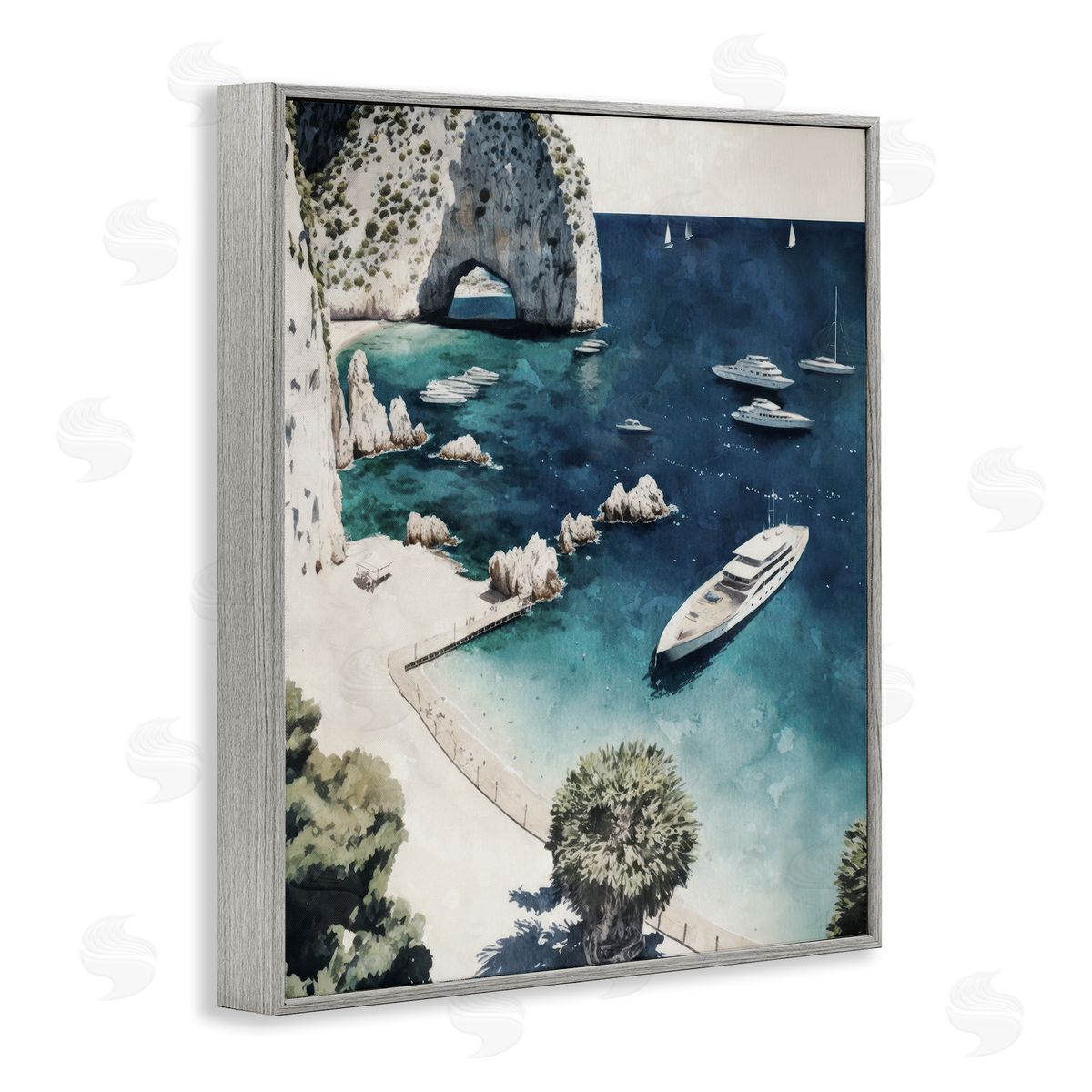 Rocky Coast Boats Grey Frame Print Wall Art, Home Decor by Svetlana Aleynikova