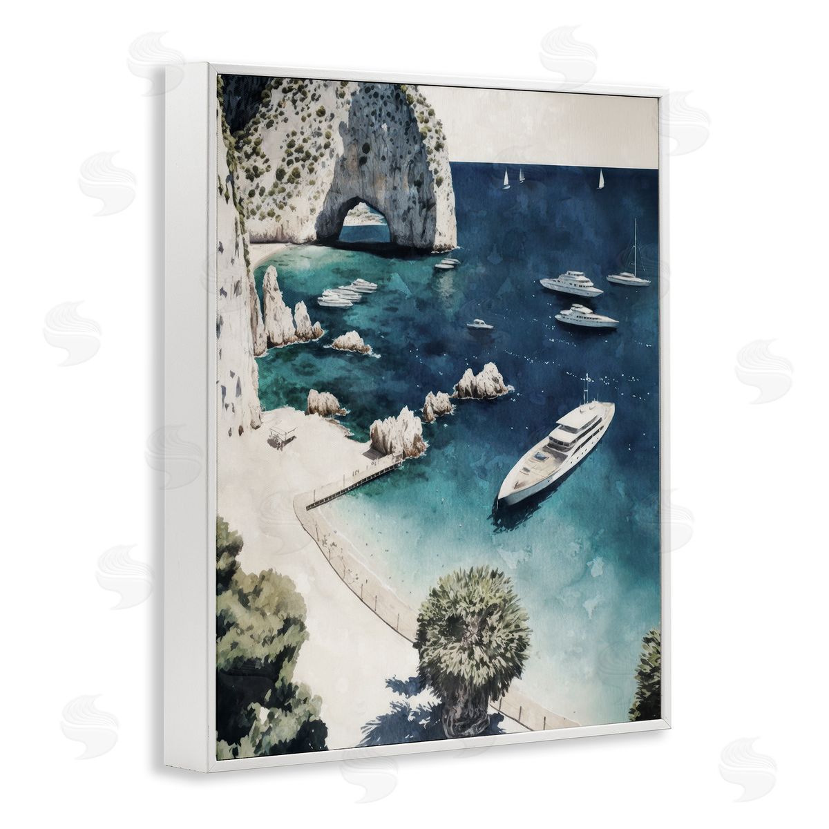 Rocky Coast Boats White Frame Print Wall Art, Home Decor by Svetlana Aleynikova