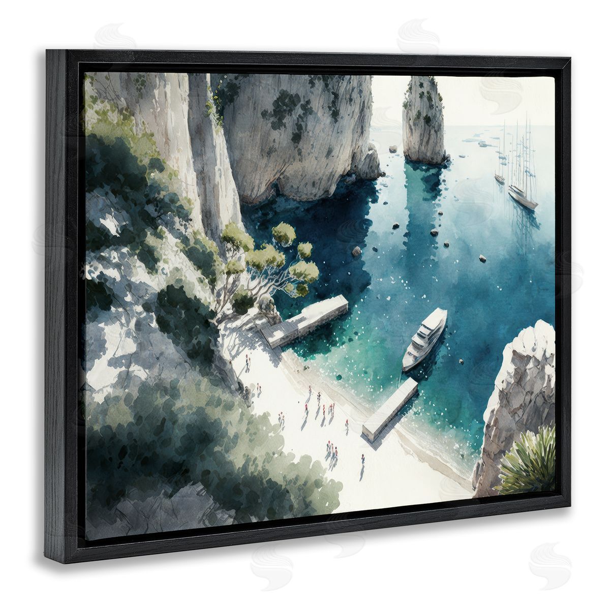 Boats on Rocky Shore Black Floating Frame Canvas Wall Art, Home Decor by Svetlana Aleynikova