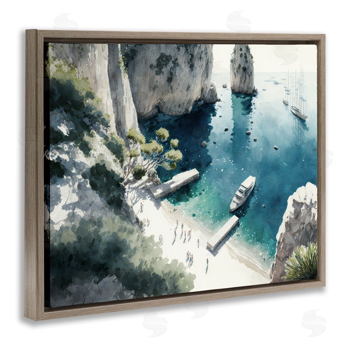 Boats on Rocky Shore Brown Floating Frame Canvas Wall Art, Home Decor by Svetlana Aleynikova