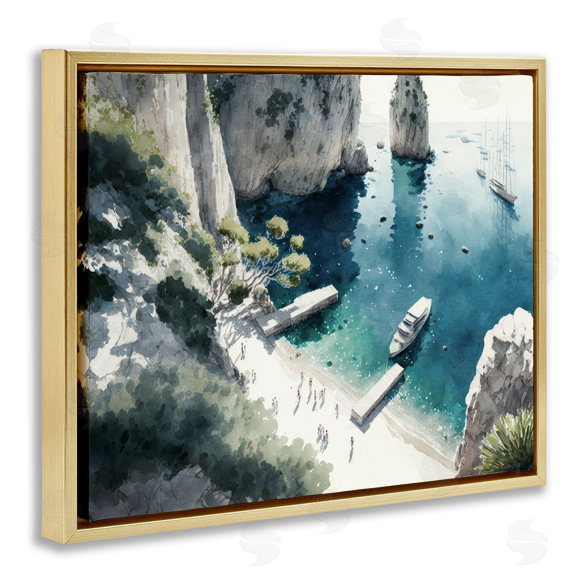Boats on Rocky Shore Gold Floating Frame Canvas Wall Art, Home Decor by Svetlana Aleynikova