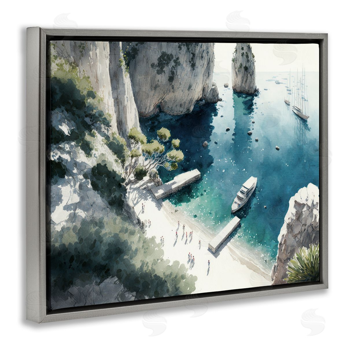 Boats on Rocky Shore Grey Floating Frame Canvas Wall Art, Home Decor by Svetlana Aleynikova